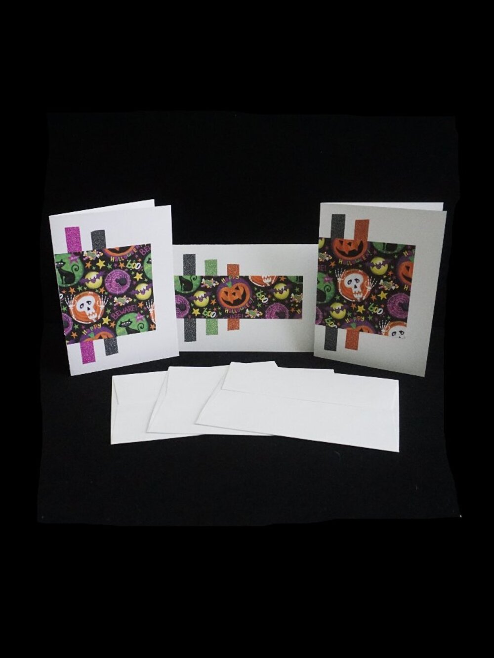 3 Halloween Handmade Greeting Cards 5x7 White Circle Print with Glitter Accents
